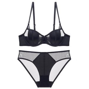 Sexy black front-close lingerie set with sheer lace details and push-up wire bra