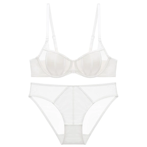 Elegant white lace lingerie set with sheer mesh soft bra and matching mid-rise briefs