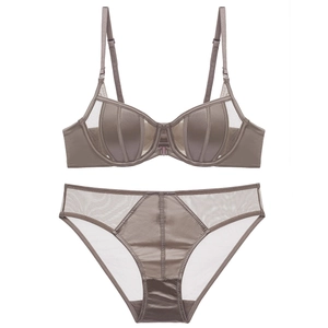Elegant taupe lingerie set with sheer mesh paneling and satin finish 3/4 cup bra