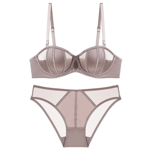 Detail of shell-textured satin bra and sheer mesh panty set in elegant dusty mauve