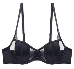 Detail of black lace bra showing sheer mesh texture and vertical shell stitching
