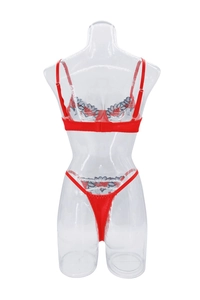 Dettaglio del set lingerie in rete rossa con ricami floreali su un manichino trasparente