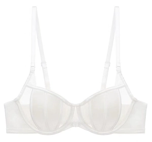 Detail of white sheer mesh bra cup with delicate vertical stripes and shell-like texture