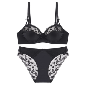 Lace lingerie set featuring underwire bra with bow detail and matching floral briefs