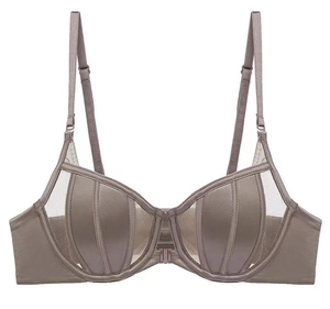Detailed front view of shell-textured lace bra with front buckle in dusty rose finish