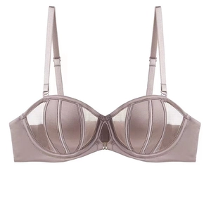 Close-up of shell-shaped mesh and satin stitching detail on the wireless bra