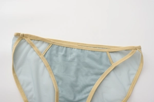 Detail of light blue mesh panty showing semi-transparent fabric and yellow elastic waistband