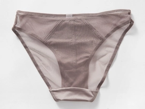 Detail of taupe mesh lace underwear with seamless fabric and breathable sheer texture