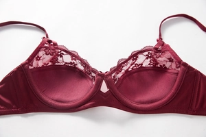 Detailed close-up of wine red lace embroidery on a soft underwired bra with silk fabric