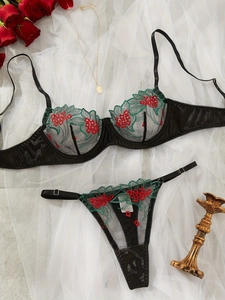 Dettaglio macro del ricamo floreale e del tessuto a rete di questo set di lingerie rossa