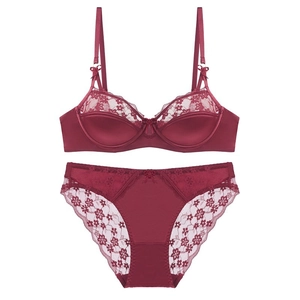 Lace embroidery bra and panty set in deep red satin with floral patterns