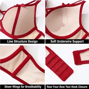 Ensemble soutien-gorge push-up en dentelle avec bordure rouge, nœuds et ailes en résille