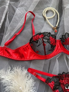 Dettaglio di lingerie in raso rosso con ricamo floreale e pizzo elegante e fine