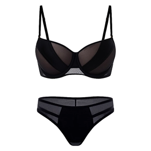 Detailed view of black lace mesh lingerie set with supportive underwire and double straps