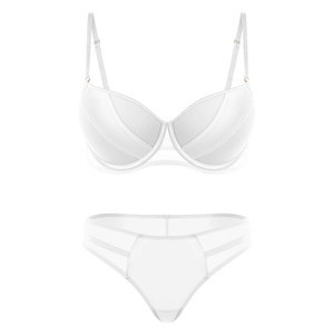 Detail view of white lace lingerie set with mesh panels and adjustable straps