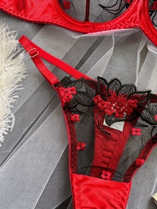 Dettaglio del ricamo floreale rosso su set lingerie in rete e raso satinato