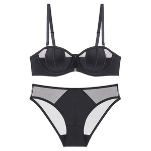 French style black mesh seamless bra and panties set with push-up design for women