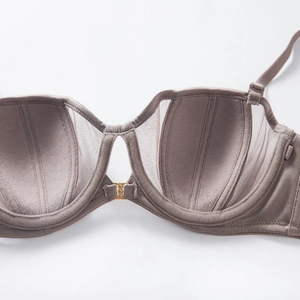 Mocha front-buckle seamless bra with sheer mesh panels and supportive vertical stitching