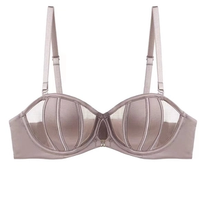 Elegant French seamless bra in mauve silk satin with mesh detail and striped cups