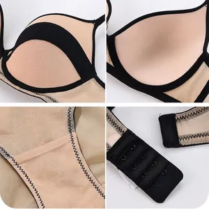 Mesh paneled seamless bra with black trim and four-row hook-and-eye closure