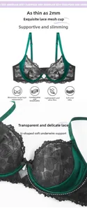 Detail of sheer black lace bra with green trim, heart embroidery, and 2mm ultra-thin cup