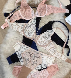 Ensembles de lingerie en dentelle florale transparente en rose, blanc, noir et marine