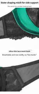 Detail of emerald satin and black lace fabric showing the breathable mesh back band