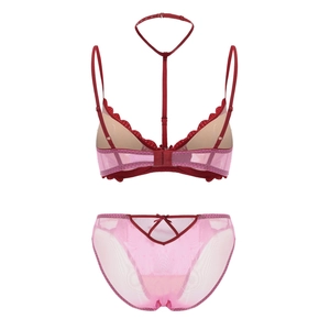 French-style halter bra and panty set with heart embroidery and red lace details