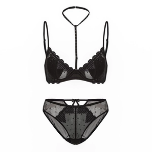 French lace lingerie set with heart embroidery, halter neck, and mesh details in black
