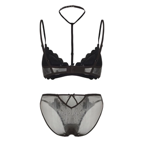 Detailed flat lay of black mesh lingerie set with lace choker and bow detail
