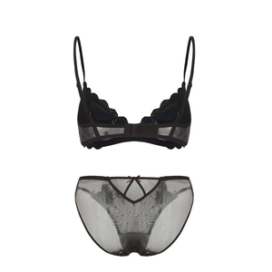 Detailed flat lay of black lace bra and mesh panties set with bow and cross hollow design