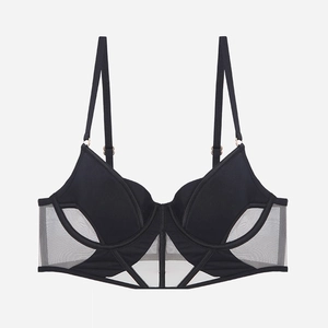 Soutien-gorge Corset de Style Français pour Femmes Sexy Maille Ajourée Avec Armatures Minimiseur Bralette Détails Satin Noir