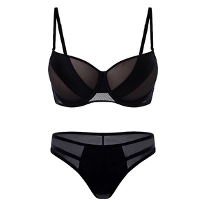 Elegant black lingerie set featuring underwire push-up bra and mesh panelled panties