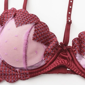 Lace bra with heart embroidery and rhinestones in burgundy and light pink