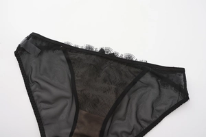 Vue détaillée de la dentelle cils noire et du tissu en maille transparente de la culotte