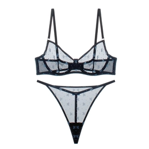 French style sheer mesh lingerie set with blue bow prints and underwire bra