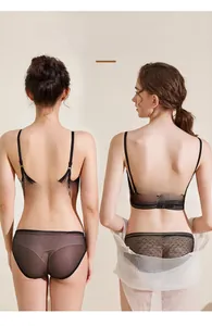 Detail view of U-shaped backless lace bra with low-cut strap and breathable mesh briefs