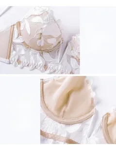 Detail of white floral embroidery lace on breathable thin mesh bra cups