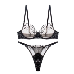 Ensemble de lingerie sexy en dentelle noire transparente avec pois et broderie papillon