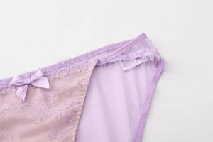 Détail de culotte en dentelle et mesh violet clair avec fleurs et petit nœud délicat