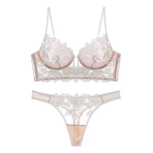 Deep V French floral embroidery lace lingerie set in elegant off-white with thong
