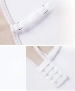 Detail view of adjustable thin shoulder straps and two-row back hook closure of the bra