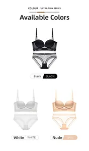 Detail view of seamless U-shaped backless bra and lace mesh panty set in three colors