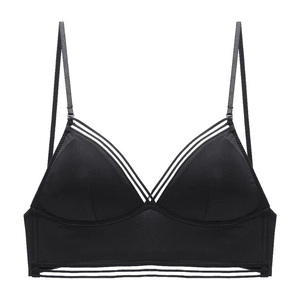 French style wireless ice silk bra in black with delicate hollow line accents
