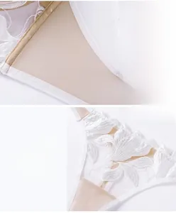 Macro detail of breathable white floral lace embroidery and sheer mesh on lingerie set