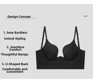 Détail du soutien-gorge noir sans couture à dos en U avec de fines bretelles réglables