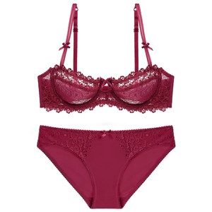 Lace lingerie set with underwired push-up bra and matching panties in wine red floral lace