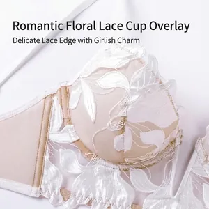 French style deep V lace bra with white floral embroidery and sheer mesh details