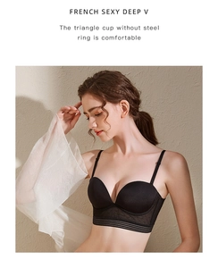 Detail of black deep V-neck wireless triangle bra with breathable lace underbust band