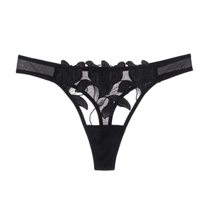 Tanga sexy de encaje negro con bordado floral y correas laterales de malla para mujer